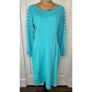 Elana Designer Turquoise Blue Dress Rhinestone Embellished Long Sleeve Size L